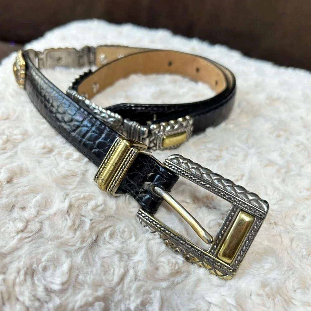 Brighton black leather faux croc gold and silver belt size small